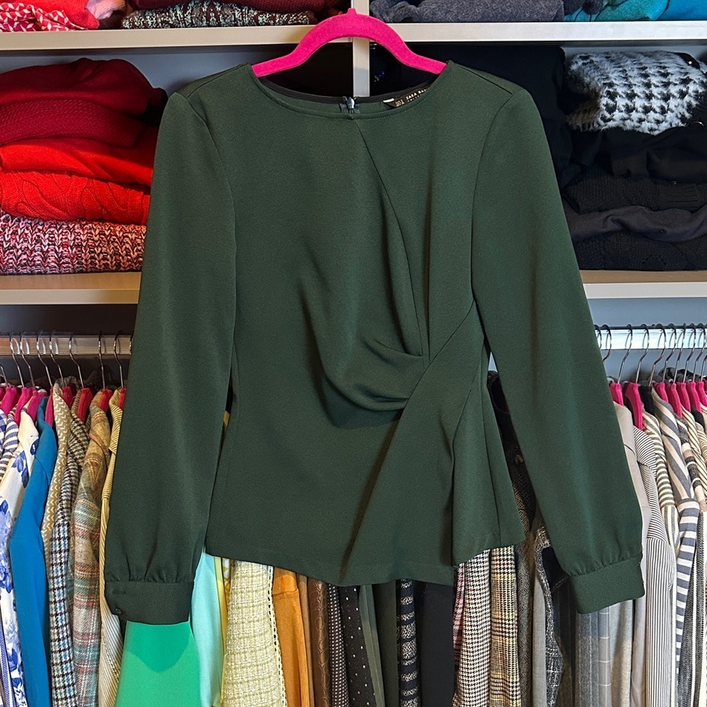 Zara green long sleeve draped blouse size S